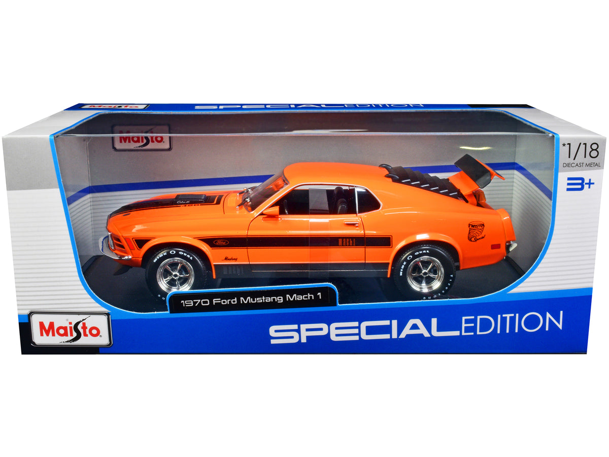 1970 Ford Mustang Mach 1 428 'Twister Special' Orange with Black Stripes 'Special Edition' 1/18 Diecast Model Car by Maisto