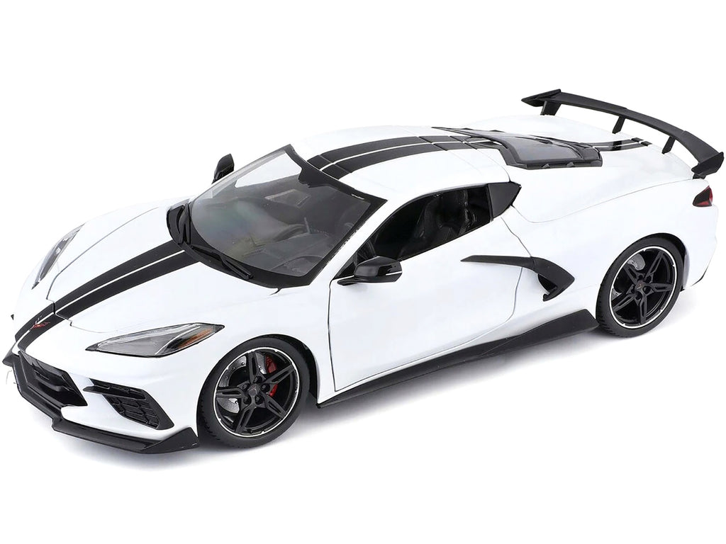 2020 Chevrolet Corvette Stingray C8 Coupe with High Wing White with Black Stripes 1/18 Diecast Model Car by Maisto