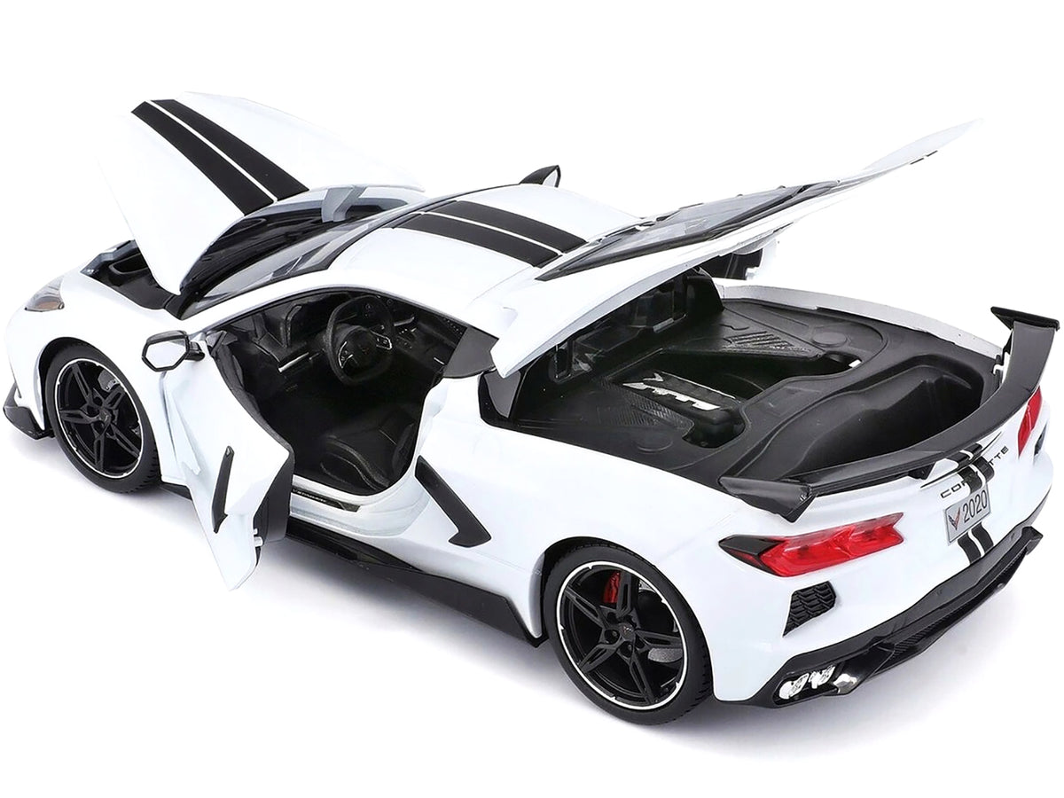 2020 Chevrolet Corvette Stingray C8 Coupe with High Wing White with Black Stripes 1/18 Diecast Model Car by Maisto