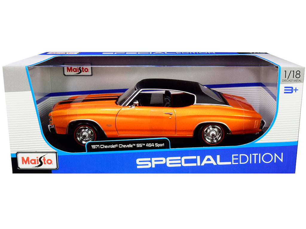 1971 Chevrolet Chevelle SS 454 Sport Orange Metallic with Black Top and Black Stripes 1/18 Diecast Model Car by Maisto