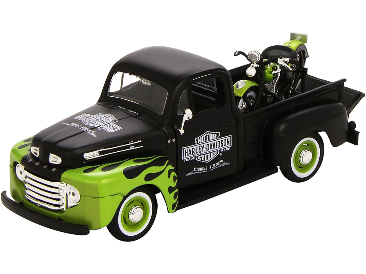 1948 Ford F-1 Pickup Truck 'Harley Davidson' with 1948 Harley Davidson FL Panhead Motorcycle Black and Green 1/24 Diecast Models by Maisto