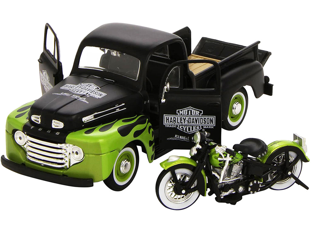 1948 Ford F-1 Pickup Truck 'Harley Davidson' with 1948 Harley Davidson FL Panhead Motorcycle Black and Green 1/24 Diecast Models by Maisto