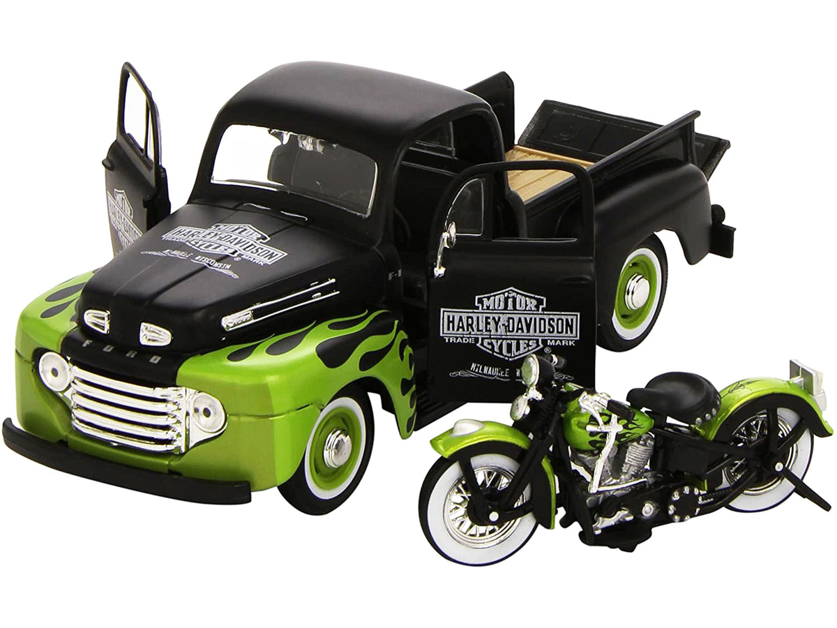 1948 Ford F-1 Pickup Truck 'Harley Davidson' with 1948 Harley Davidson FL Panhead Motorcycle Black and Green 1/24 Diecast Models by Maisto
