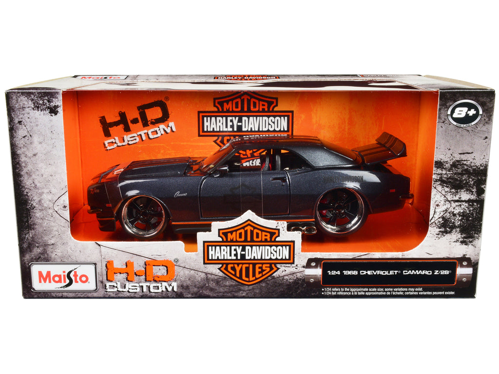 1968 Chevrolet Camaro Z/28 Dark Gray Metallic with Black and Orange Stripes 'Harley Davidson' 'H-D Custom' 1/24 Diecast Model Car by Maisto