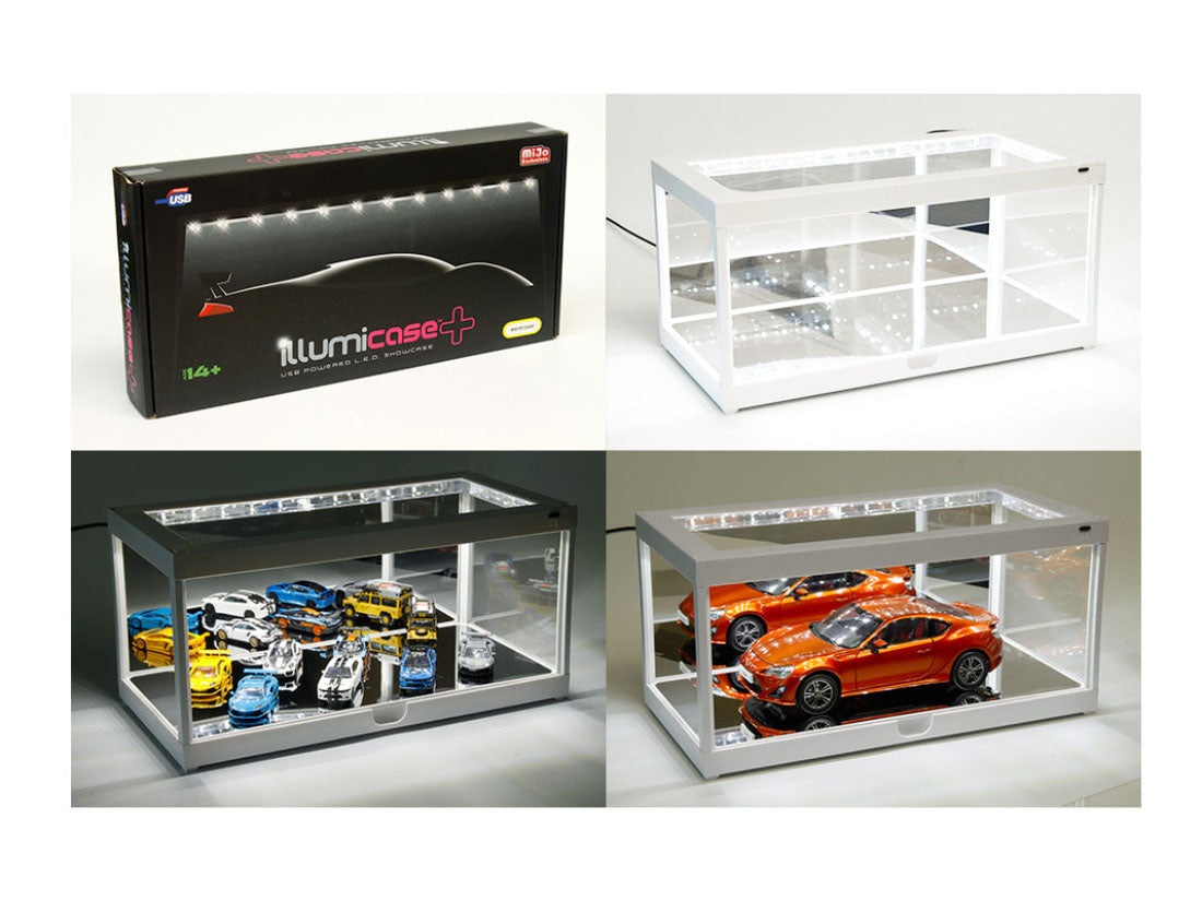 White Collectible Display Show Case Illumicase+ with LED Lights and Mirror Base and Back for 1/64 1/43 1/32 1/24 1/18 Scale Models by Illumibox