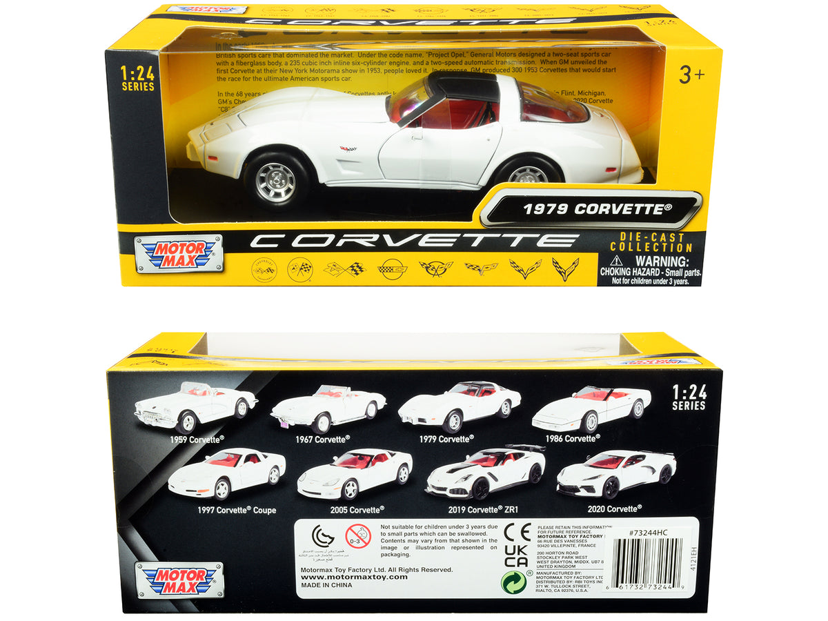 1979 Chevrolet Corvette C3 White with Black Top and Red Interior 'History of Corvette' Series 1/24 Diecast Model Car by Motormax