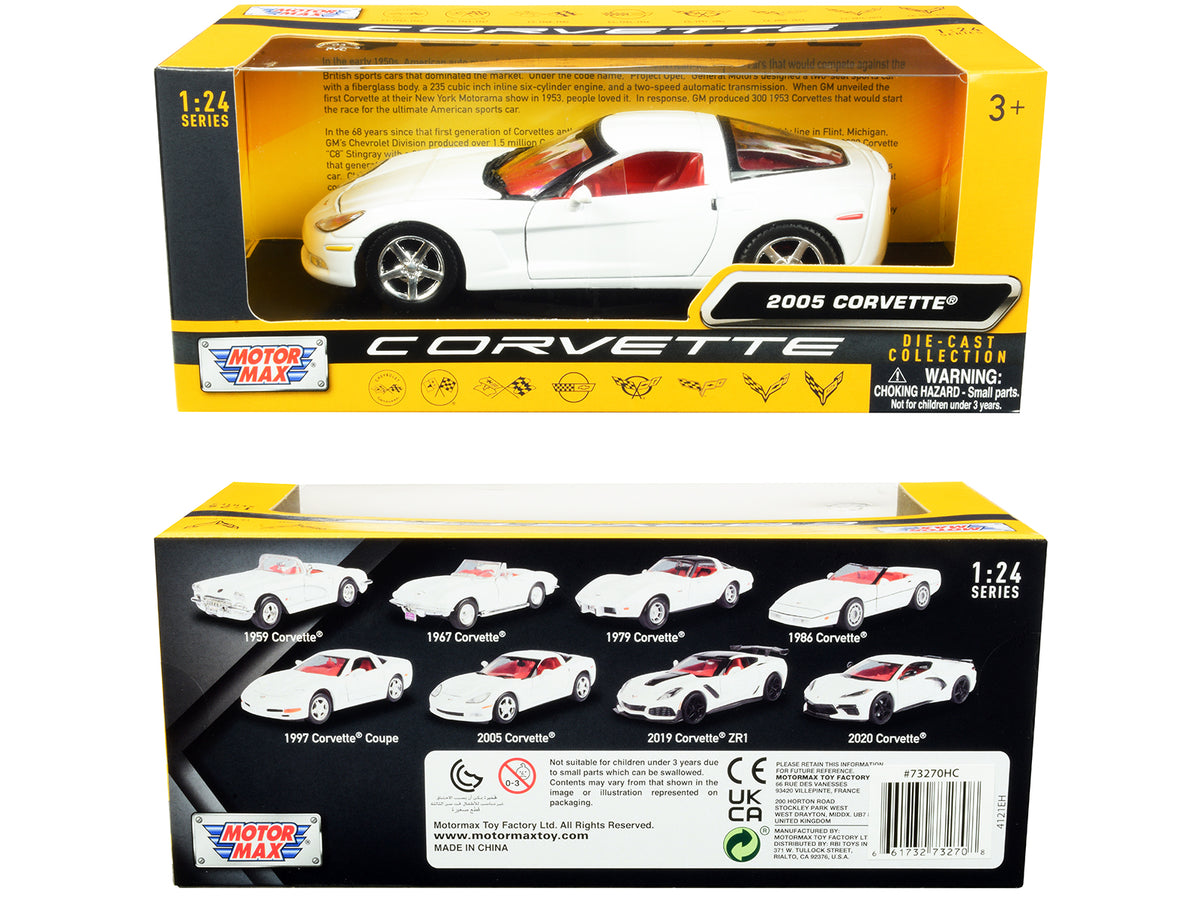 2005 Chevrolet Corvette C6 White with Red Interior 'History of Corvette' Series 1/24 Diecast Model Car by Motormax