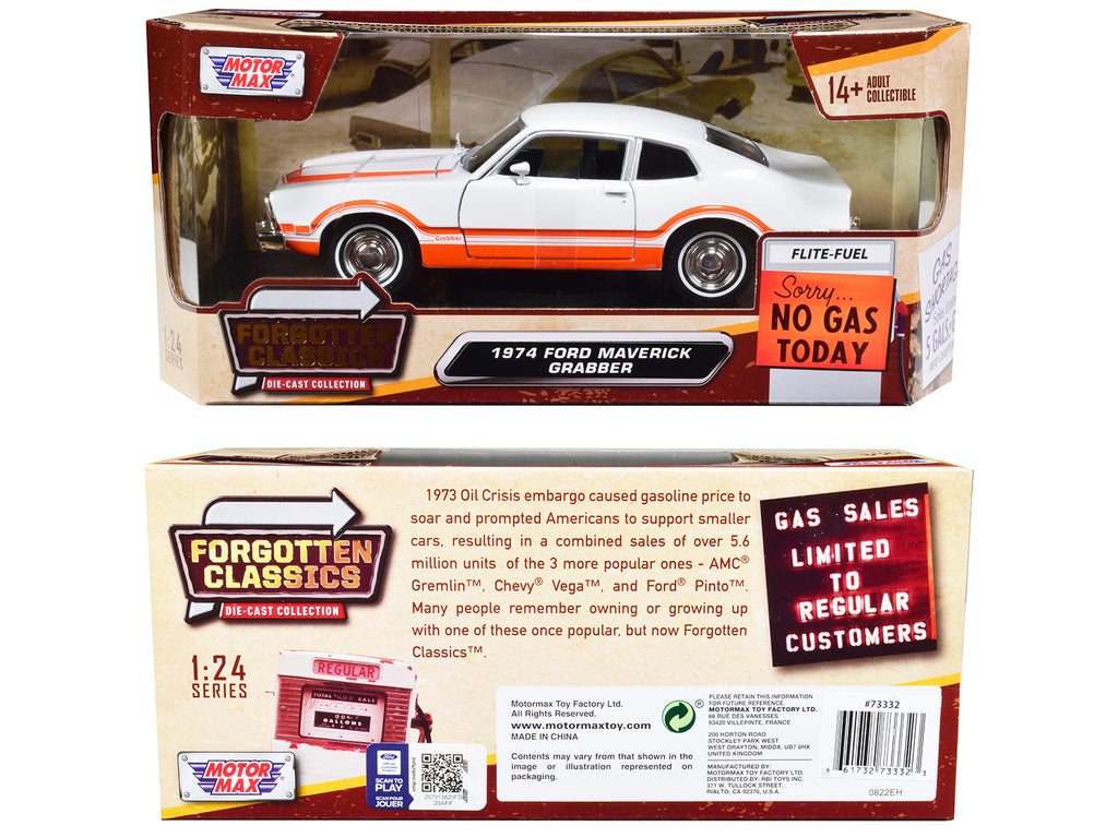 1974 Ford Maverick Grabber White with Orange Stripes 'Forgotten Classics' Series 1/24 Diecast Model Car by Motormax