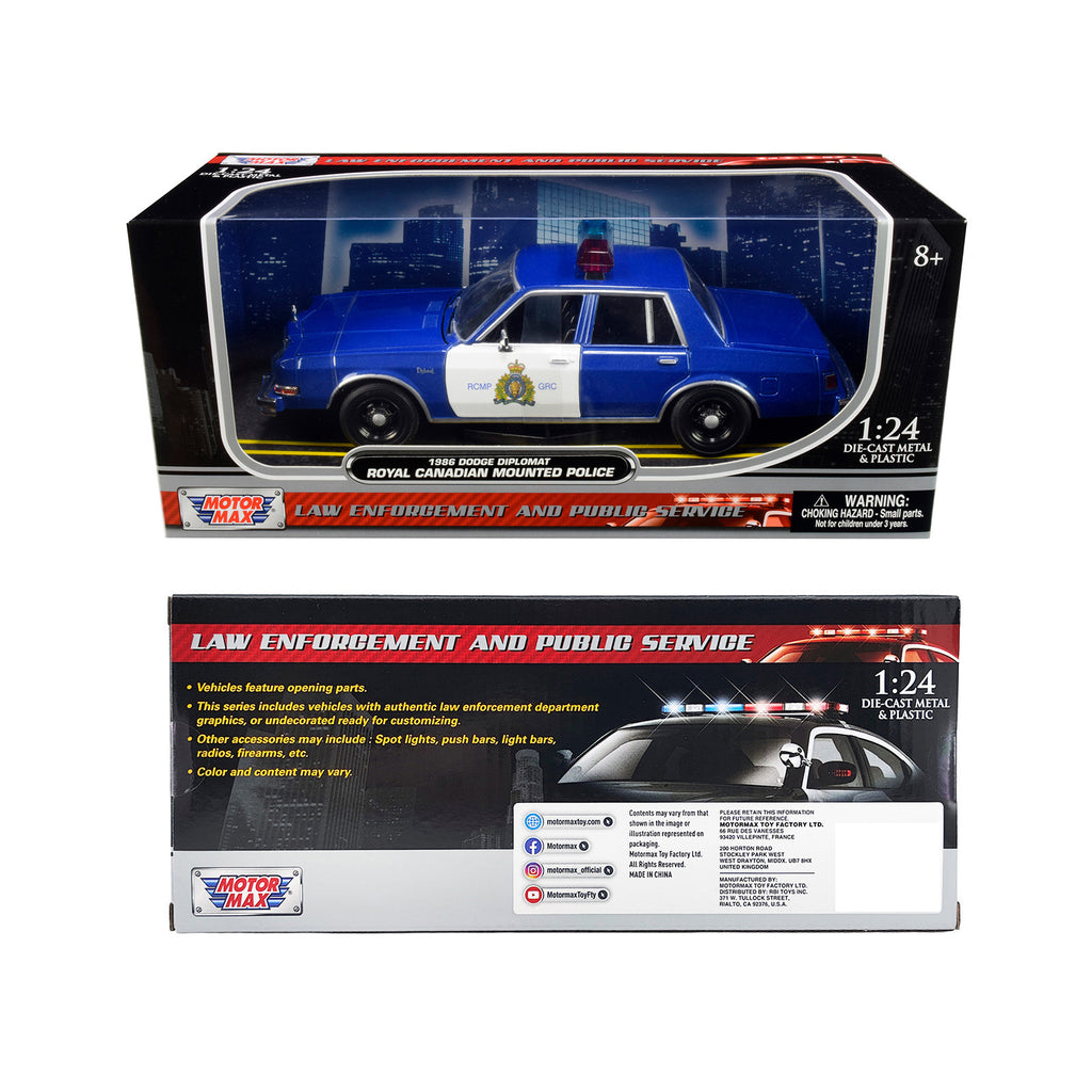 1986 Dodge Diplomat 'Royal Canadian Mounted Police' Metallic Blue and White 1/24 Diecast Model Car by Motormax