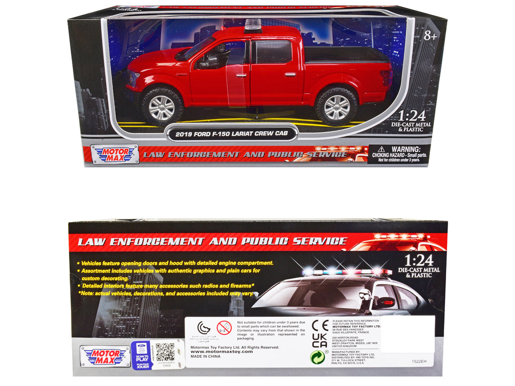 2019 Ford F-150 Lariat Crew Cab Pickup Truck Unmarked Fire Department Red 'Law Enforcement and Public Service' Series 1/24 Diecast Model Car by Motormax