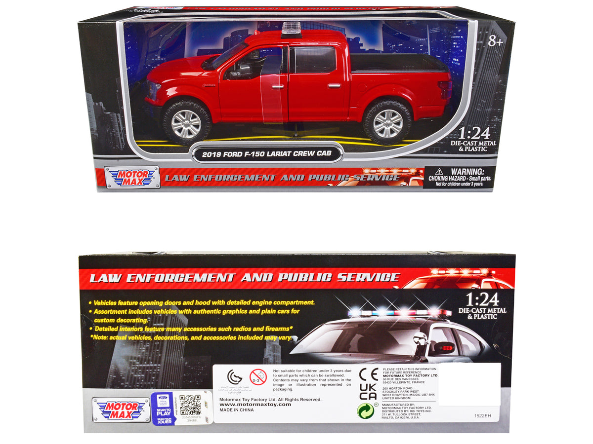 2019 Ford F-150 Lariat Crew Cab Pickup Truck Unmarked Fire Department Red 'Law Enforcement and Public Service' Series 1/24 Diecast Model Car by Motormax