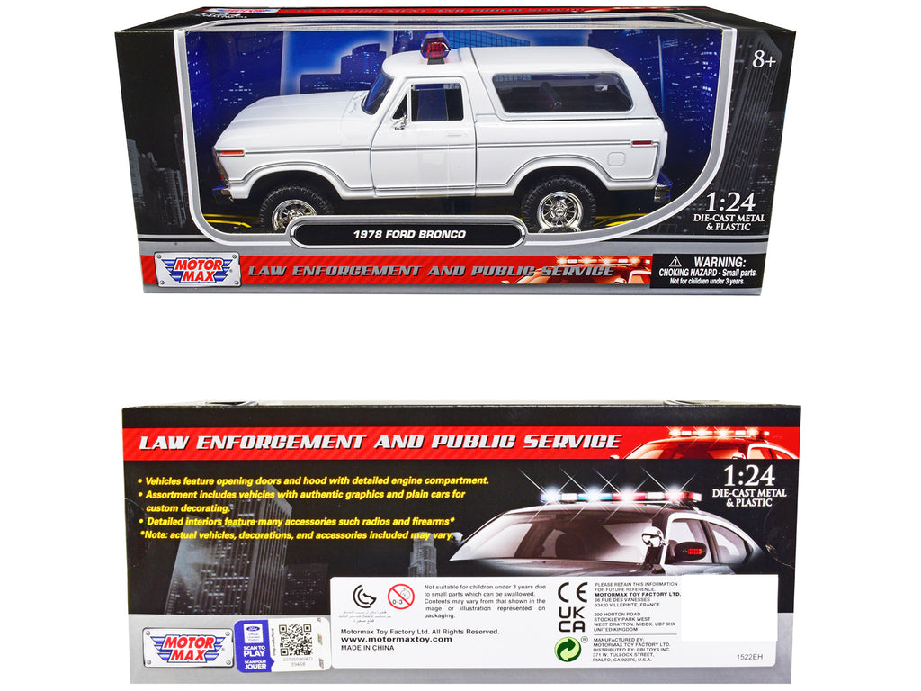 1978 Ford Bronco Police Car Unmarked White 'Law Enforcement and Public Service' Series 1/24 Diecast Model Car by Motormax