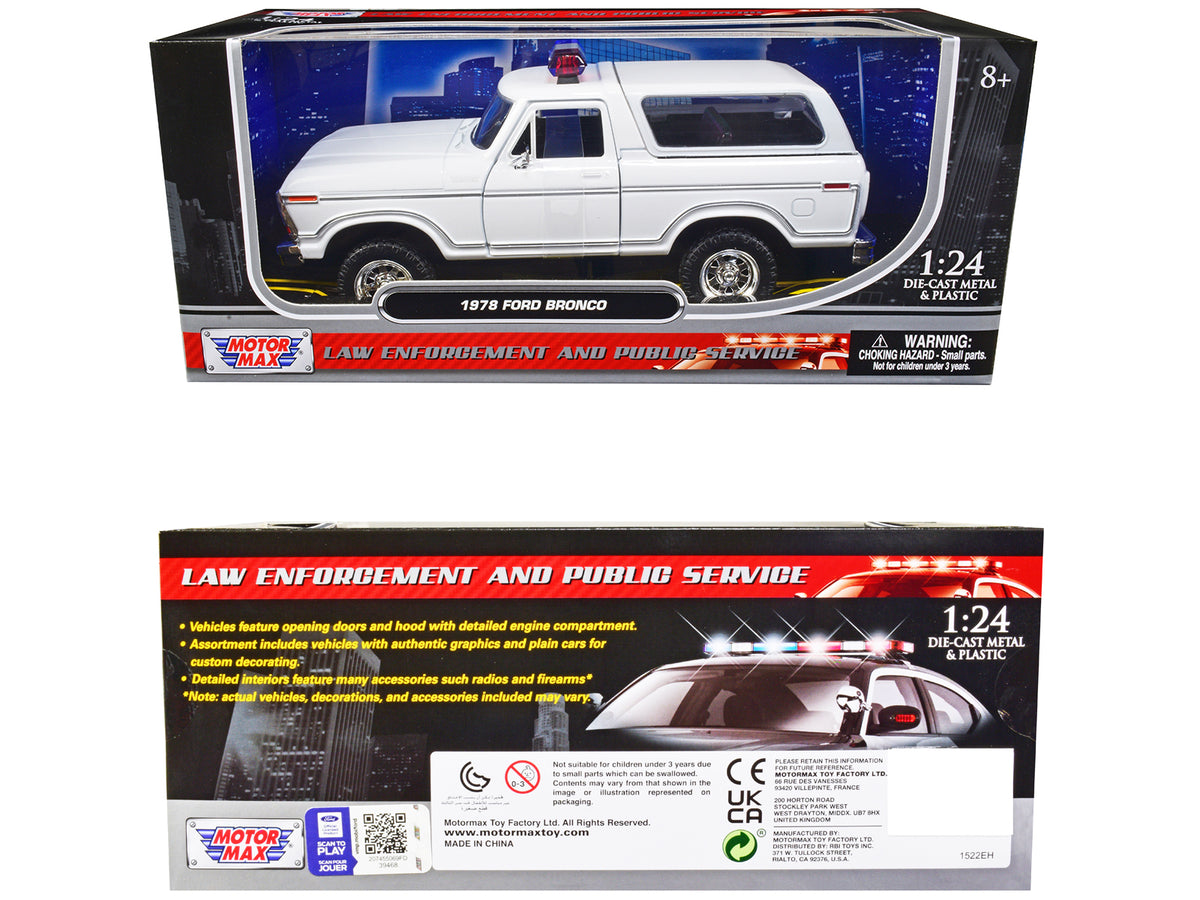 1978 Ford Bronco Police Car Unmarked White 'Law Enforcement and Public Service' Series 1/24 Diecast Model Car by Motormax