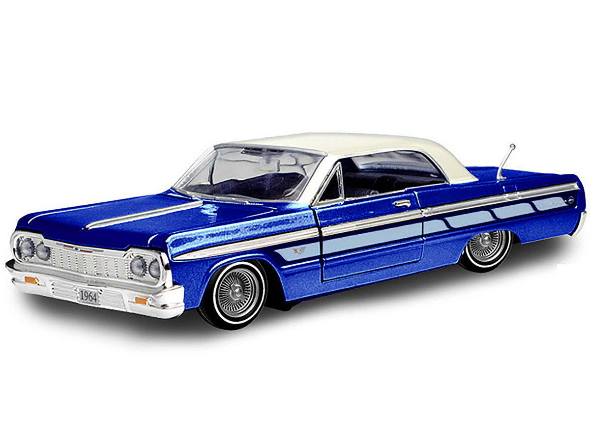 1964 Chevrolet Impala Lowrider Hard Top Candy Blue Metallic with Cream Top 'Get Low' Series 1/24 Diecast Model Car by Motormax