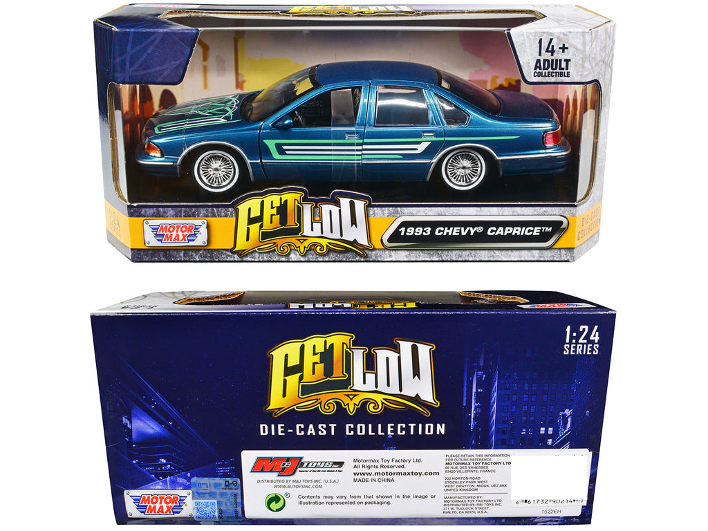 1993 Chevrolet Caprice Lowrider Blue Metallic with Graphics 'Get Low' Series 1/24 Diecast Model Car by Motormax