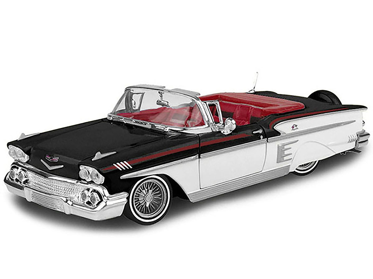 1958 Chevrolet Impala Convertible Lowrider Black and White with Red Interior 'Get Low' Series 1/24 Diecast Model Car by Motormax