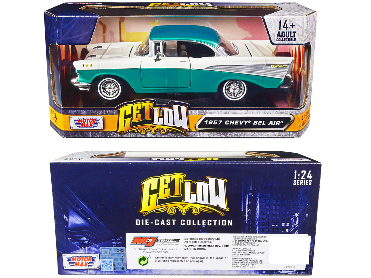 1957 Chevrolet Bel Air Lowrider Turquoise Metallic and White 'Get Low' Series 1/24 Diecast Model Car by Motormax