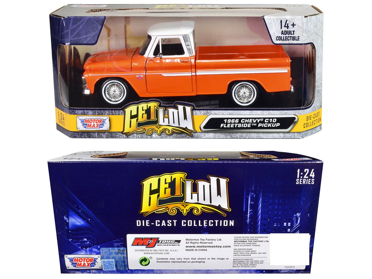 1966 Chevrolet C10 Fleetside Pickup Truck Lowrider Orange Metallic with White Top 'Get Low' Series 1/24 Diecast Model Car by Motormax