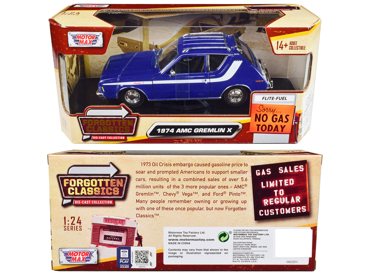 1974 AMC Gremlin X Blue with White Stripes and Roof Rack 'Forgotten Classics' Series 1/24 Diecast Model Car by Motormax