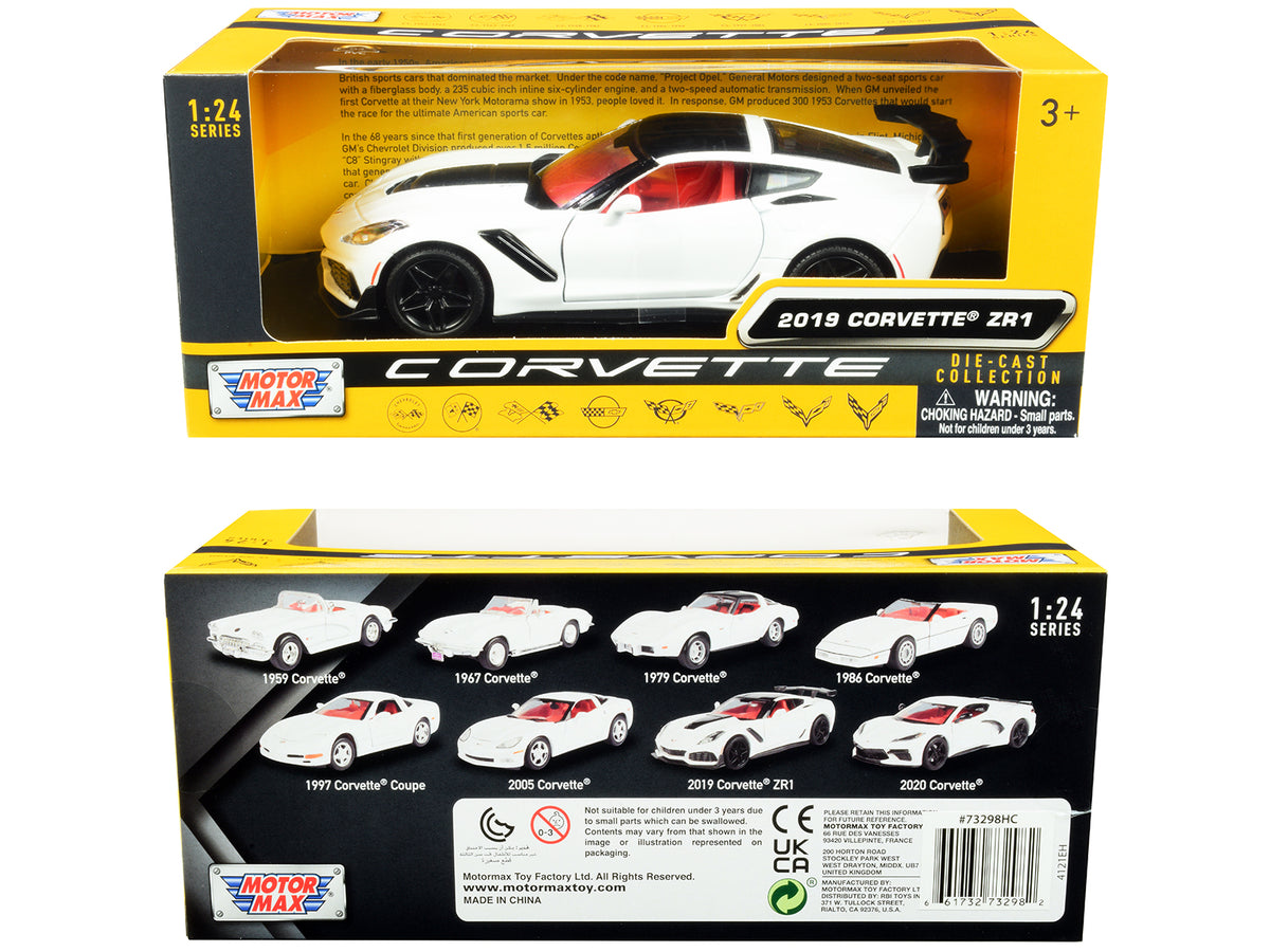 2019 Chevrolet Corvette C7 ZR1 White and Black with Red Interior 'History of Corvette' Series 1/24 Diecast Model Car by Motormax