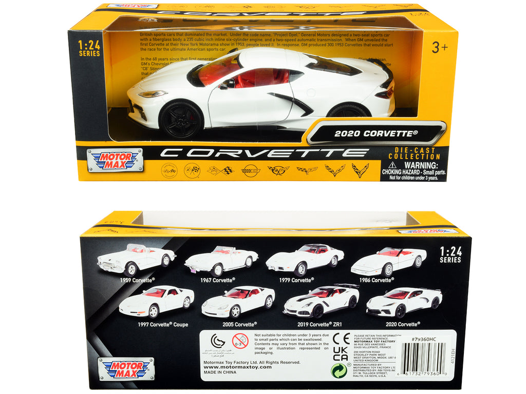 2020 Chevrolet Corvette C8 Stingray White with Red Interior 'History of Corvette' Series 1/24 Diecast Model Car by Motormax