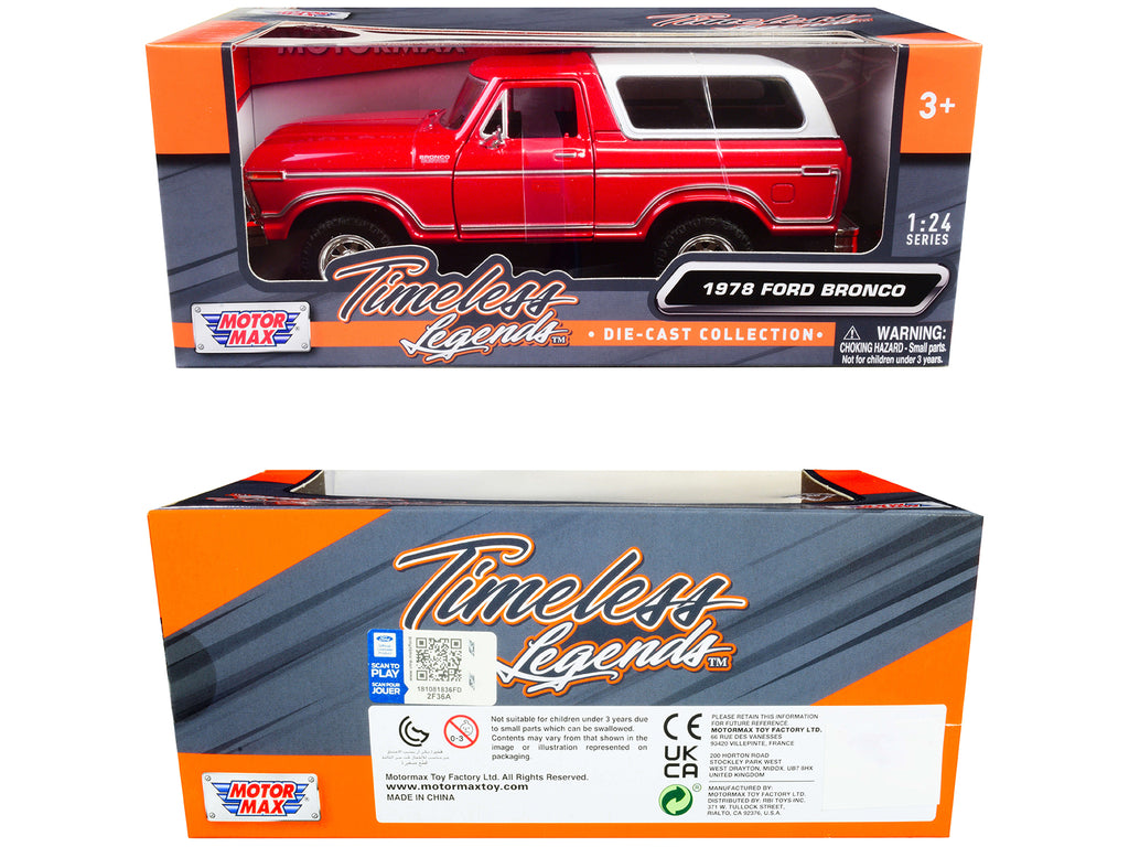 1978 Ford Bronco Custom Red and White 'Timeless Legends' Series 1/24 Diecast Model Car by Motormax