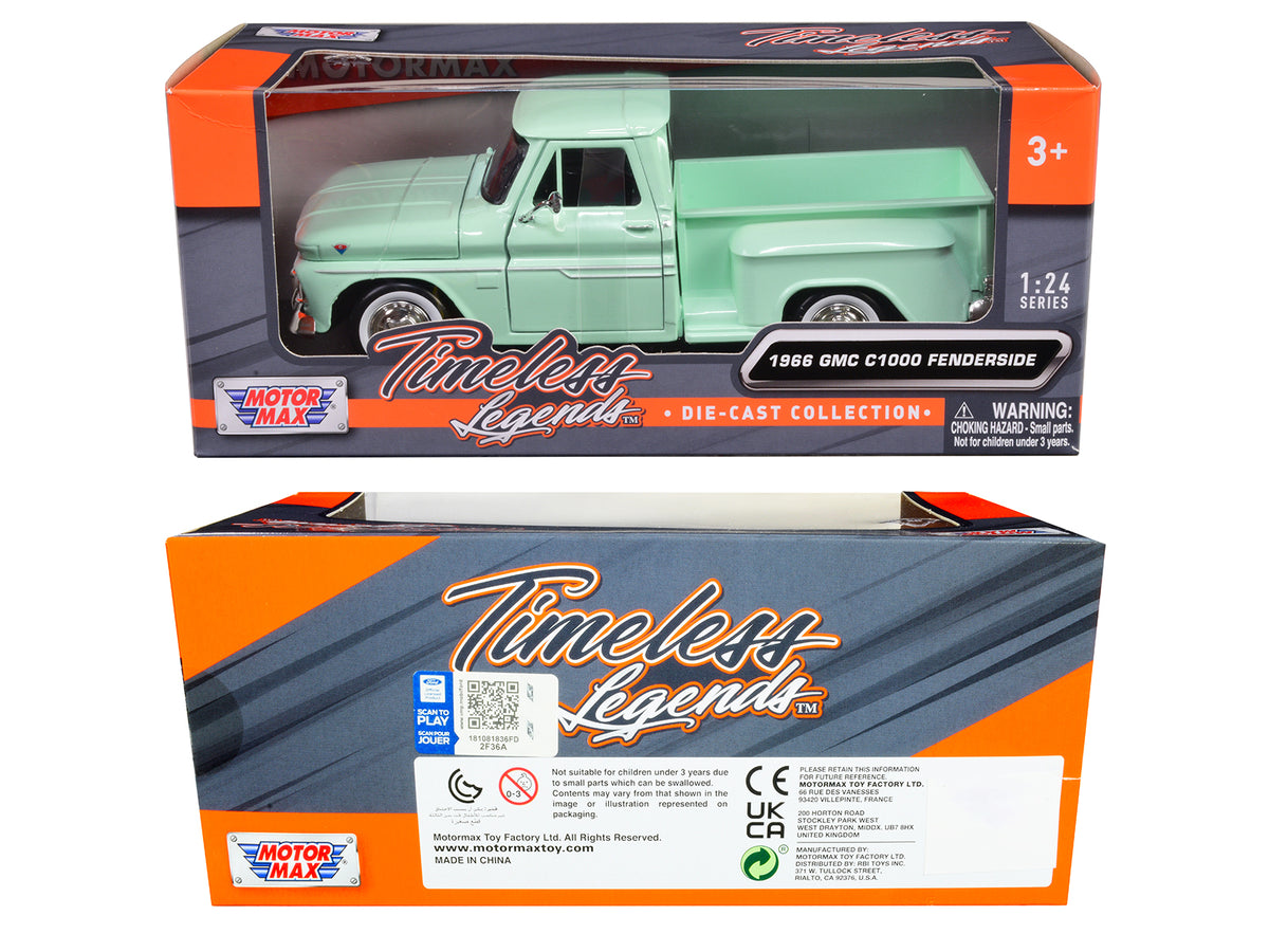 1966 GMC C1000 Fenderside Pickup Truck Light Green 'Timeless Legends' Series 1/24 Diecast Model Car by Motormax