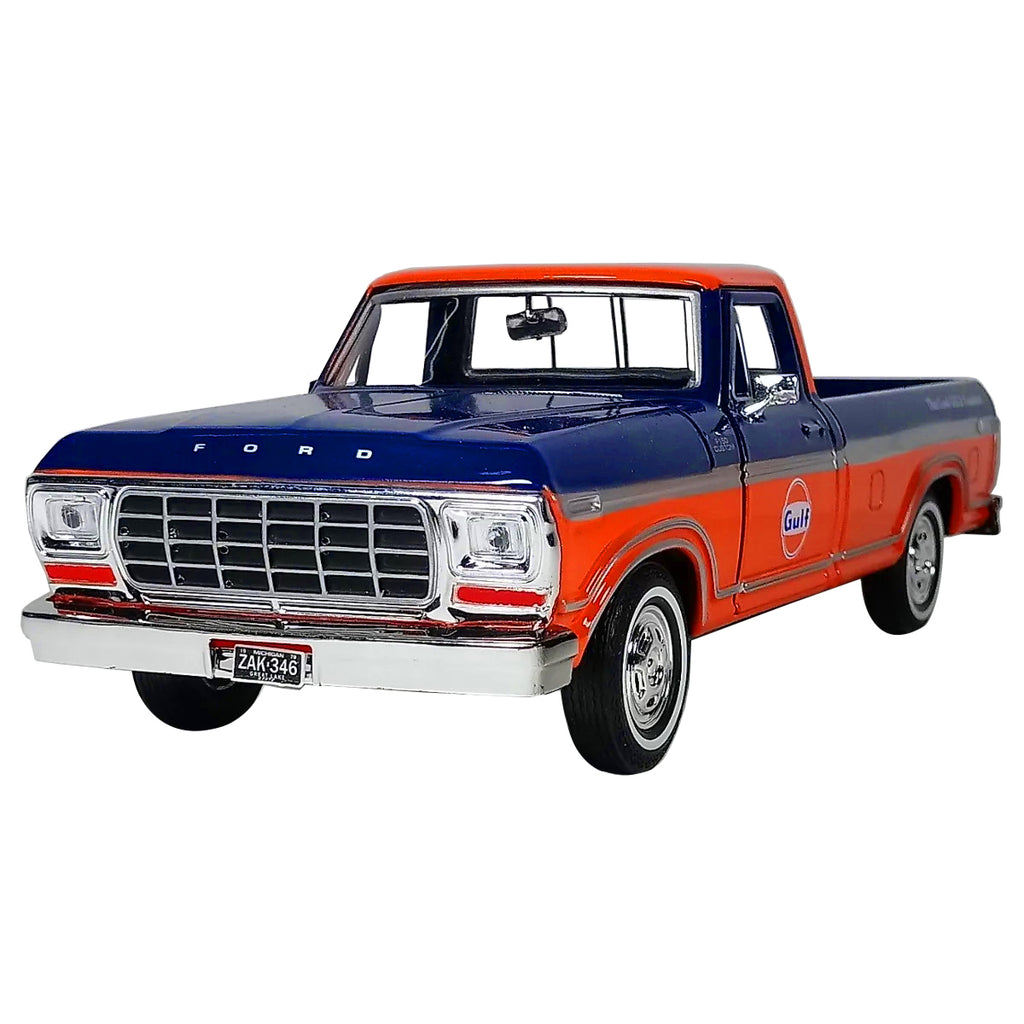 1979 Ford F-150 Custom Pickup Truck 'Gulf' Dark Blue and Orange 1/24 Diecast Model Car by Motormax