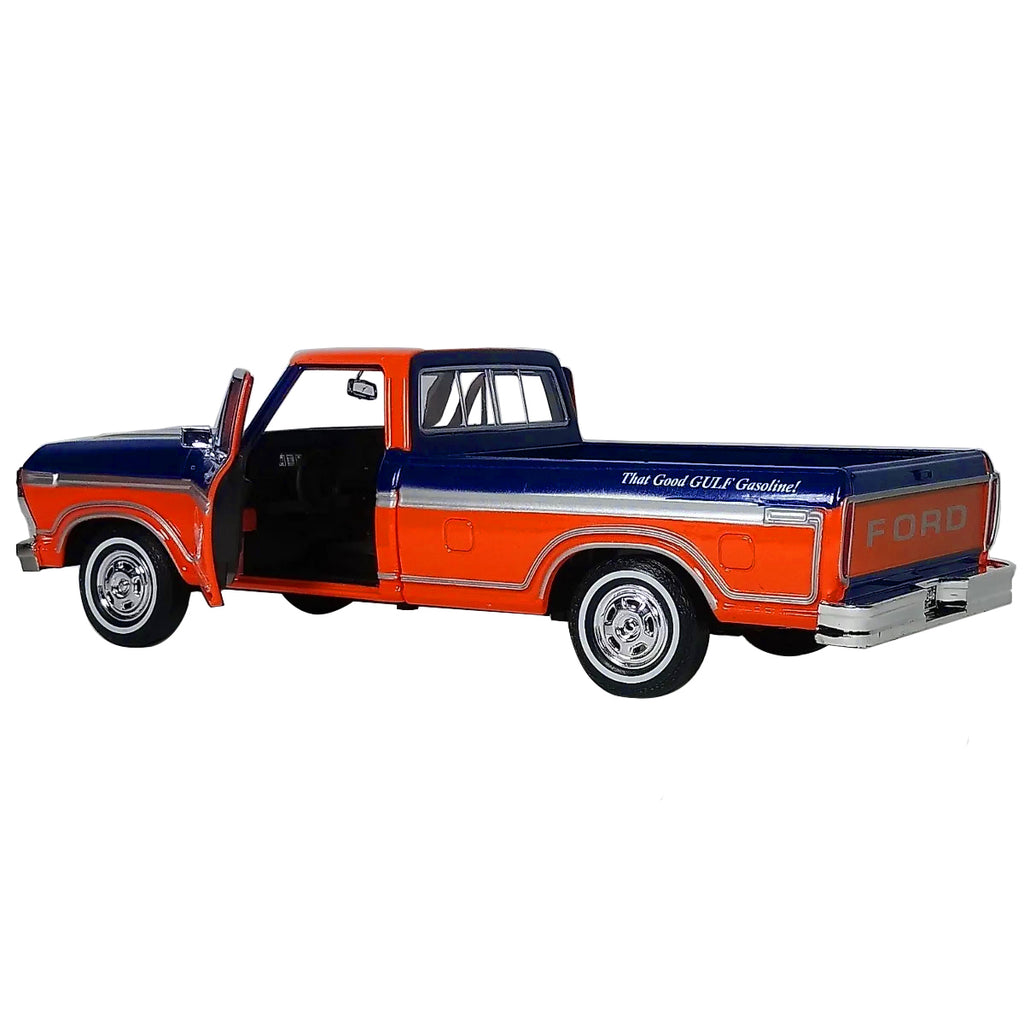 1979 Ford F-150 Custom Pickup Truck 'Gulf' Dark Blue and Orange 1/24 Diecast Model Car by Motormax