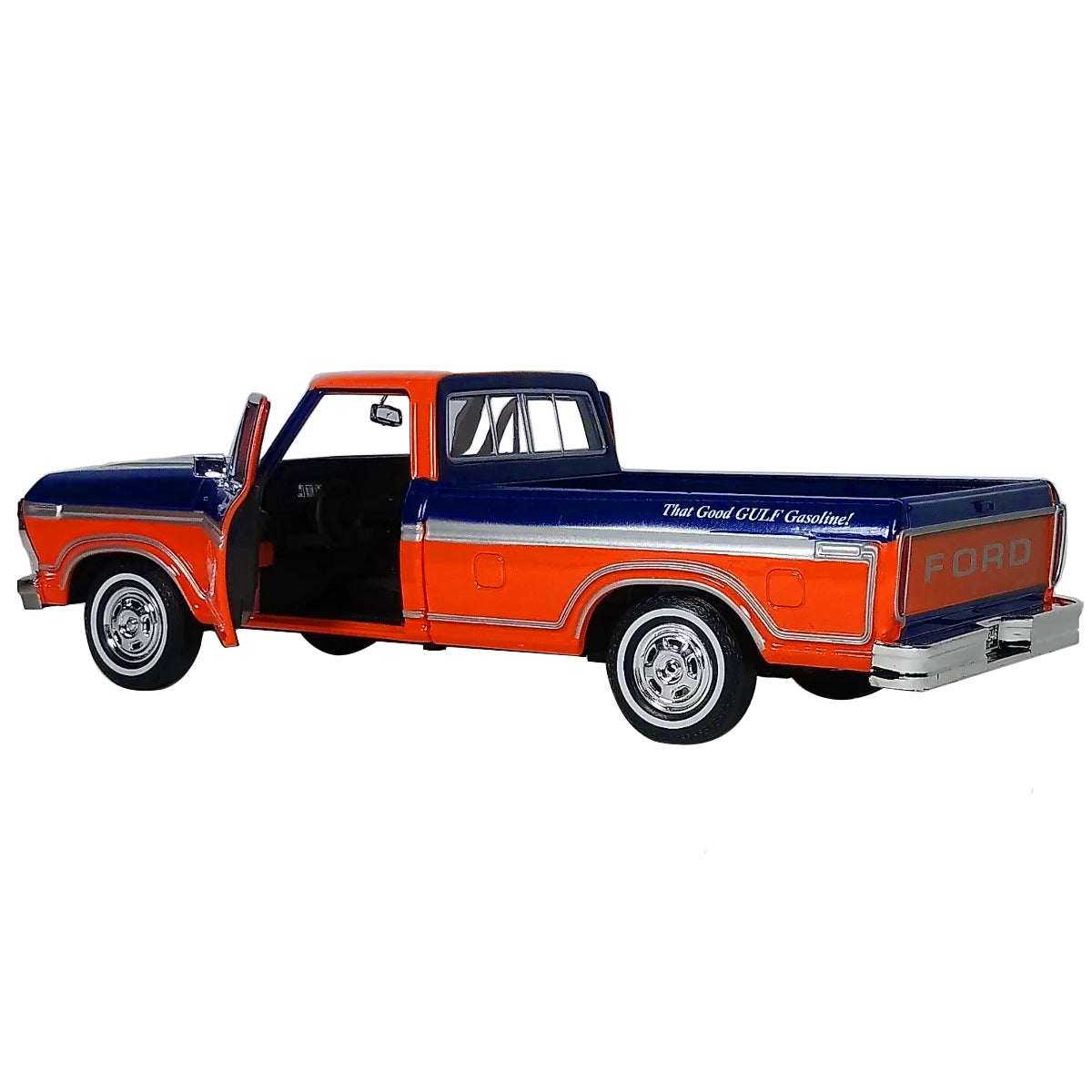 1979 Ford F-150 Custom Pickup Truck 'Gulf' Dark Blue and Orange 1/24 Diecast Model Car by Motormax