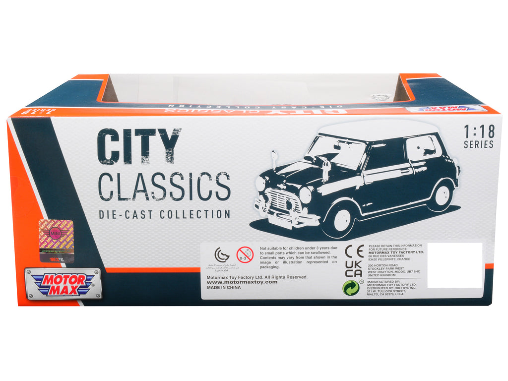 1961-1967 Morris Mini Cooper RHD (Right Hand Drive) Dark Blue with British Flag on the Top and Roof Rack 'City Classics' Series 1/18 Diecast Model Car by Motormax