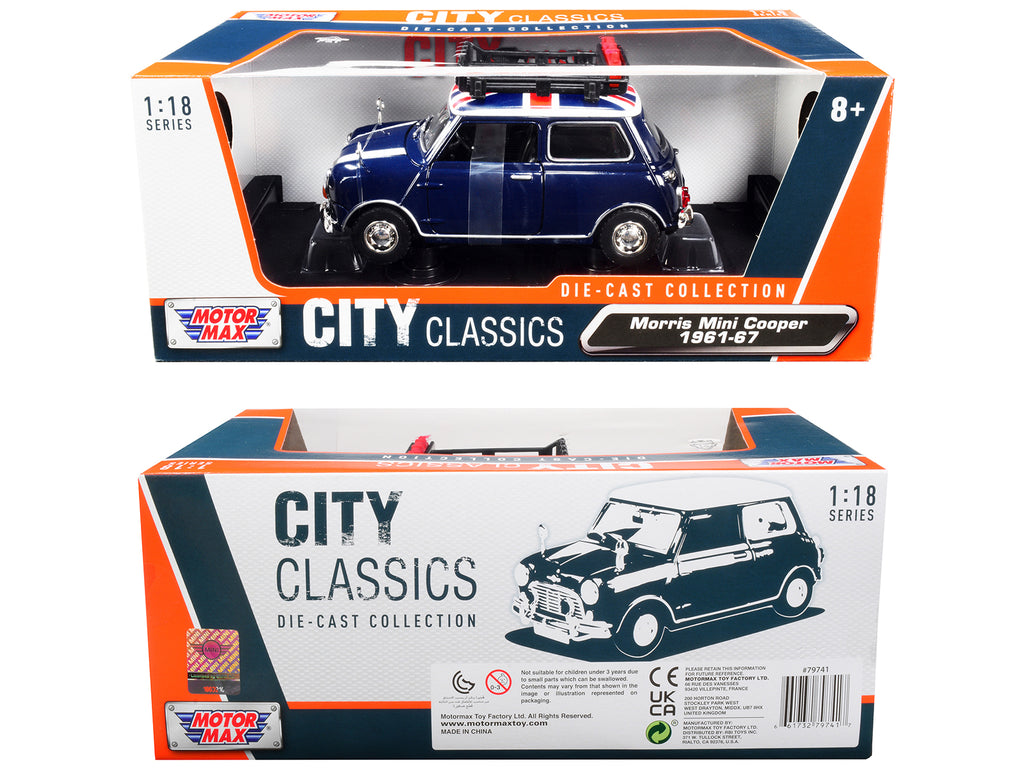 1961-1967 Morris Mini Cooper RHD (Right Hand Drive) Dark Blue with British Flag on the Top and Roof Rack 'City Classics' Series 1/18 Diecast Model Car by Motormax