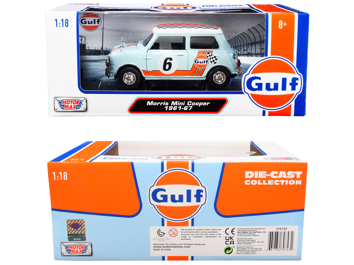 1961-1967 Morris Mini Cooper RHD (Right Hand Drive) #6 'Gulf Oil' Light Blue with Orange Stripes and Checkered Top 'City Classics' Series 1/18 Diecast Model Car by Motormax