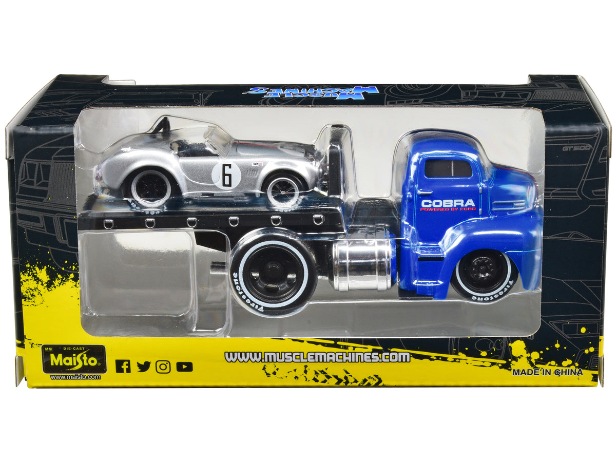 1950 Ford COE Flatbed Truck Blue 'Cobra Powered by Ford' and 1964 Shelby Cobra #6 Silver Metallic with Stripes 'Muscle Transports' Series 1/64 Diecast Model Cars by Muscle Machines