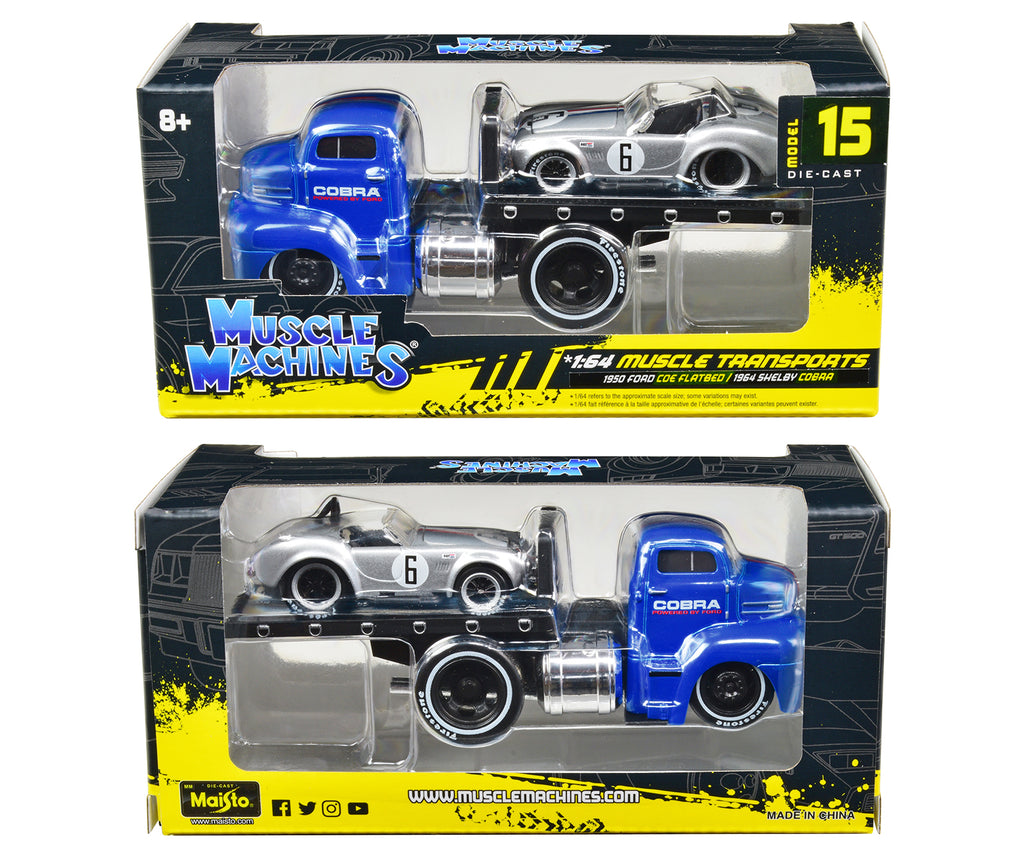 1950 Ford COE Flatbed Truck Blue 'Cobra Powered by Ford' and 1964 Shelby Cobra #6 Silver Metallic with Stripes 'Muscle Transports' Series 1/64 Diecast Model Cars by Muscle Machines