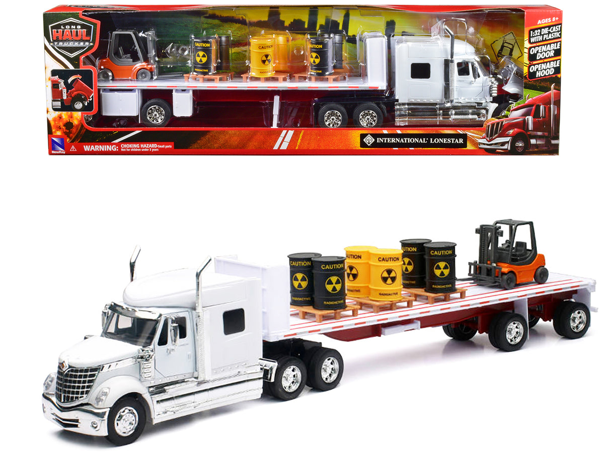 International Lonestar Flatbed Truck White with 6 Toxic Barrels 3 Pallets and Forklift 'Long Haul Trucker' Series 1/32 Diecast Model by New Ray