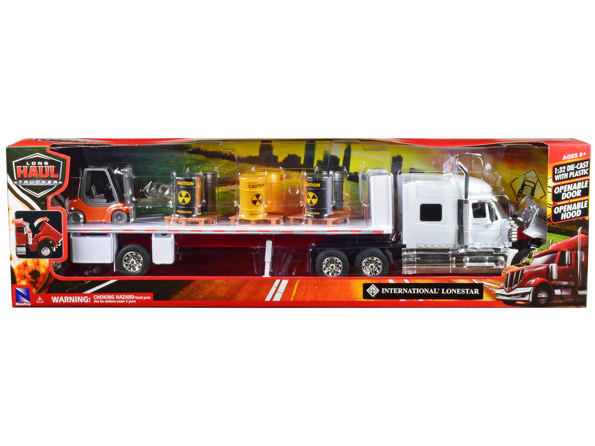 International Lonestar Flatbed Truck White with 6 Toxic Barrels 3 Pallets and Forklift 'Long Haul Trucker' Series 1/32 Diecast Model by New Ray