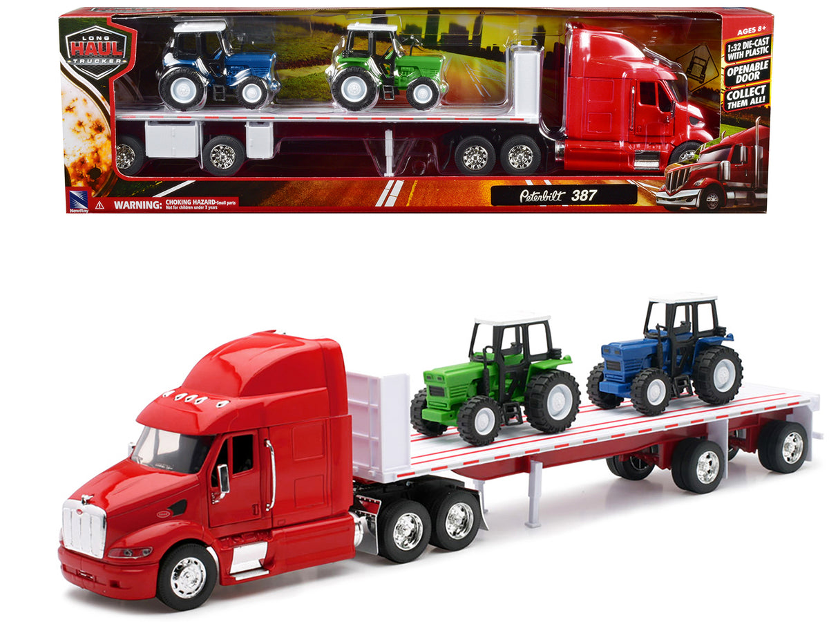 Peterbilt 387 Flatbed Truck Red with 2 Farm Tractors Blue and Green 'Long Haul Trucker' Series 1/32 Diecast Model by New Ray