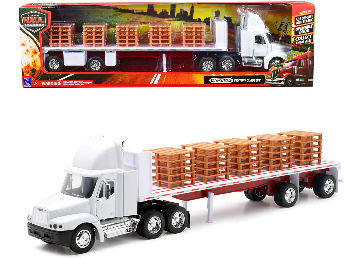 Freightliner Century Class S/T Flatbed Truck White with Pallet Accessories 'Long Haul Trucker' Series 1/32 Diecast Model by New Ray