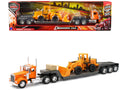 Kenworth W900 Truck with Lowboy Trailer Orange and Wheel Loader Yellow 'Long Haul Trucker' Series 1/32 Diecast Model by New Ray