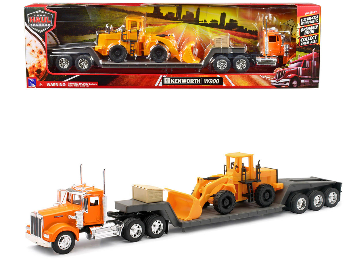 Kenworth W900 Truck with Lowboy Trailer Orange and Wheel Loader Yellow 'Long Haul Trucker' Series 1/32 Diecast Model by New Ray