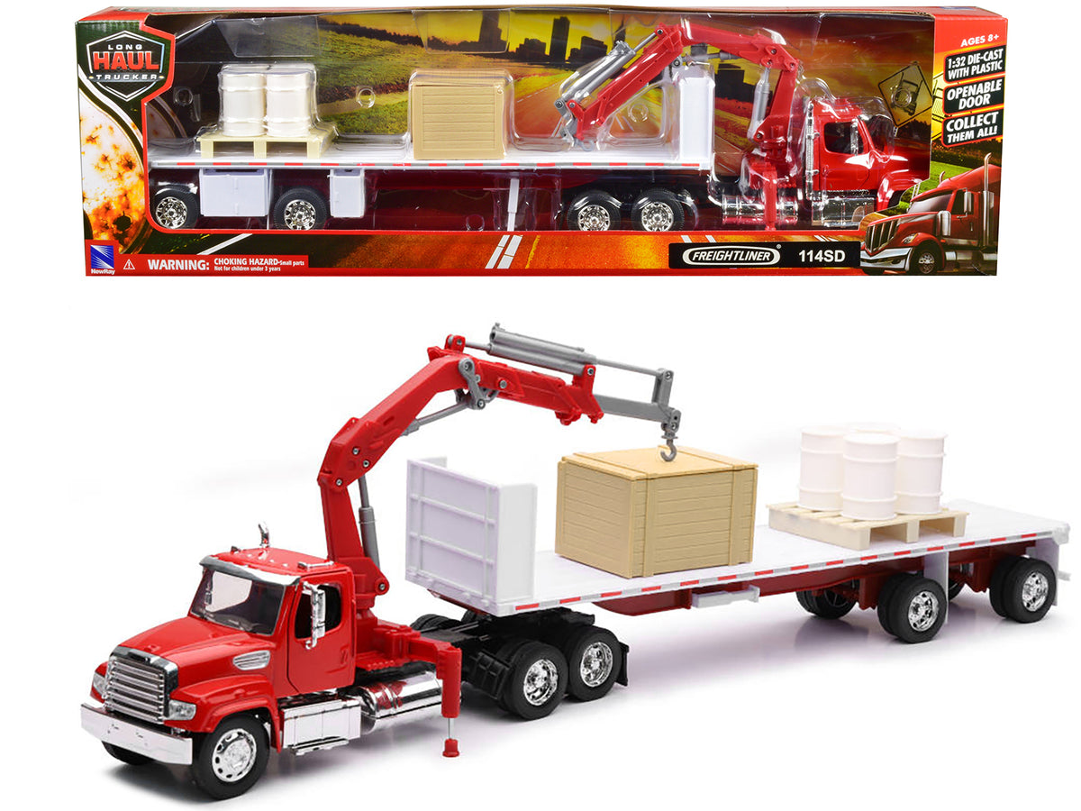 Freightliner 114SD Flatbed Truck with Crane Red with Accessories 'Long Haul Trucker' Series 1/32 Diecast Model by New Ray