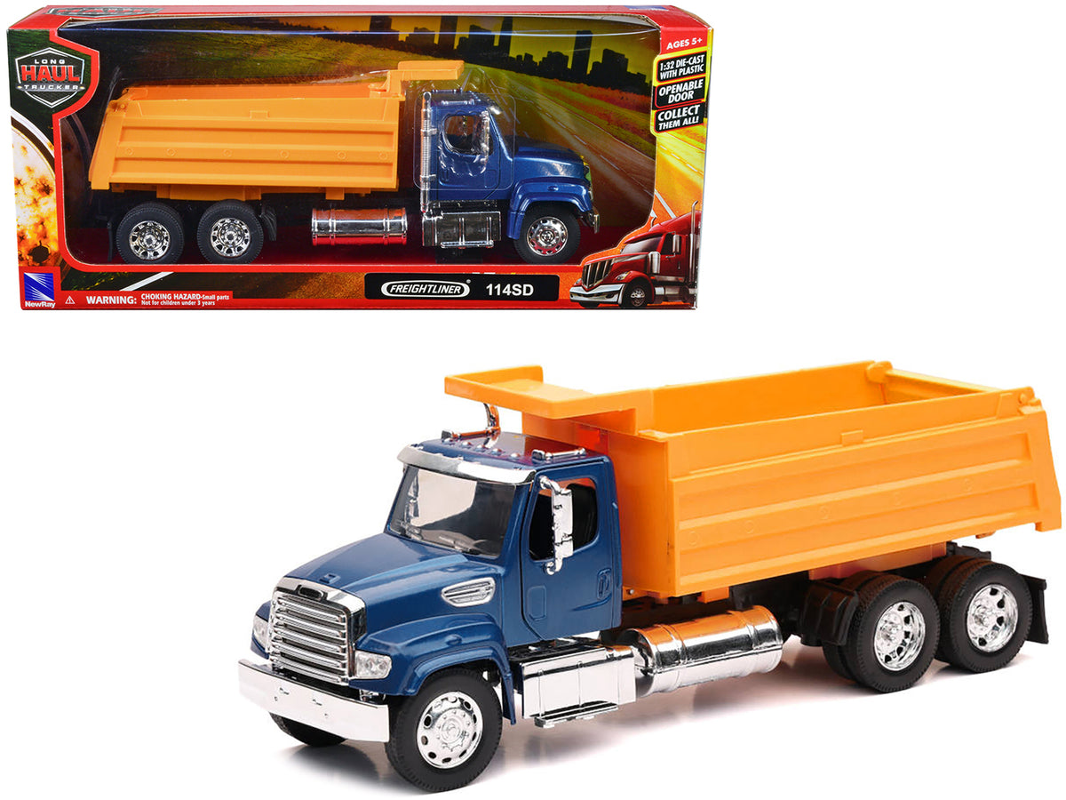 Freightliner 114SD Dump Truck Blue and Yellow 'Long Haul Trucker' Series 1/32 Diecast Model by New Ray