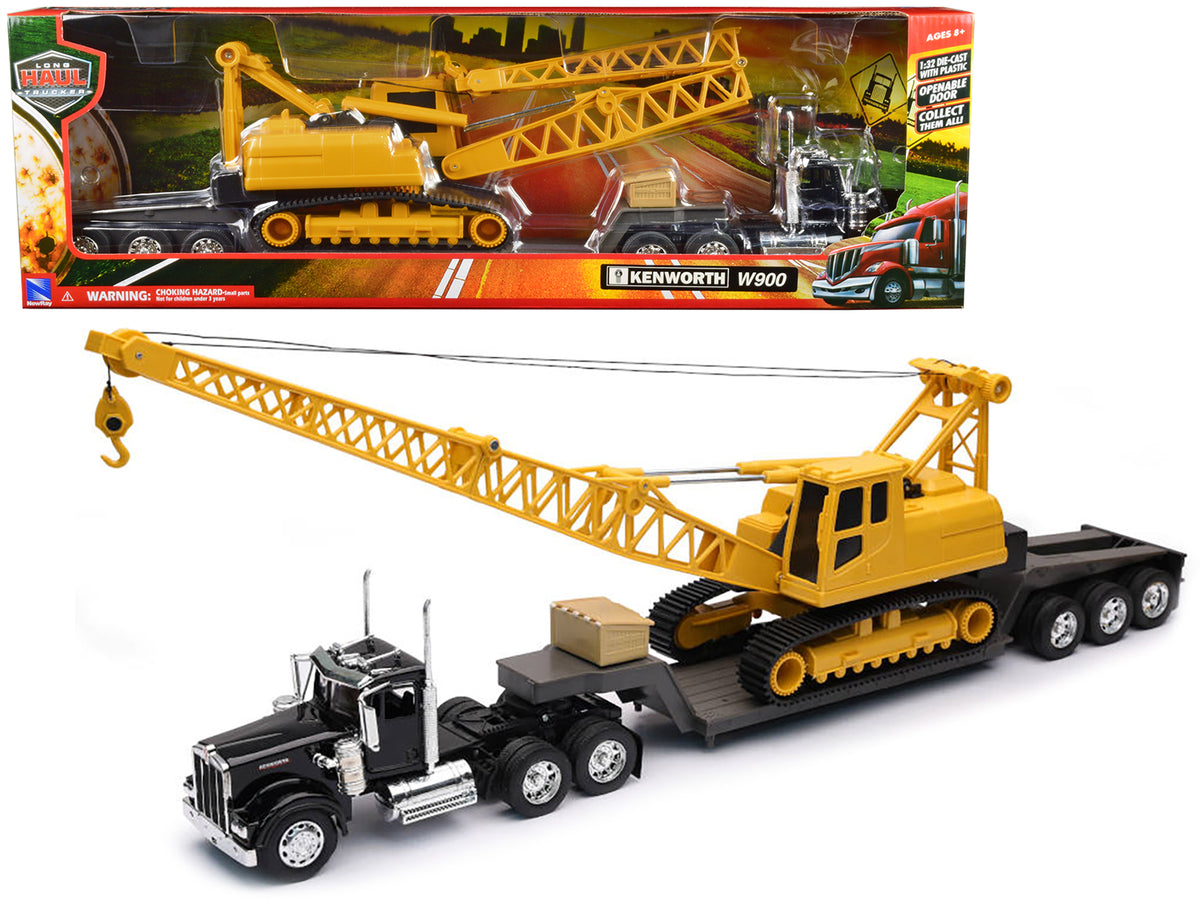 Kenworth W900 Truck with Lowboy Trailer Black and Crane Yellow 'Long Haul Trucker' Series 1/32 Diecast Model by New Ray
