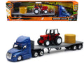 Freightliner Cascadia with Flatbed Trailer Blue with Farm Tractor Red and Hay Bales 'Long Haul Trucker' Series 1/43 Diecast Model by New Ray