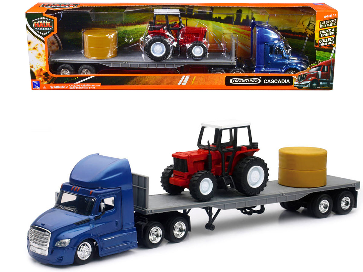 Freightliner Cascadia with Flatbed Trailer Blue with Farm Tractor Red and Hay Bales 'Long Haul Trucker' Series 1/43 Diecast Model by New Ray