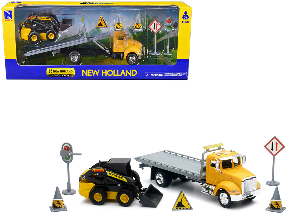 Peterbilt Roll-Off Flatbed Truck Yellow and New Holland L228 Skid Steer Yellow with Road Signs 'New Holland Construction' Series 1/43 Diecast Model by New Ray