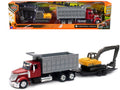 International Lonestar Dump Truck Red and Tracked Excavator Yellow with Flatbed Trailer 'Long Haul Truckers' Series 1/43 Diecast Model by New Ray