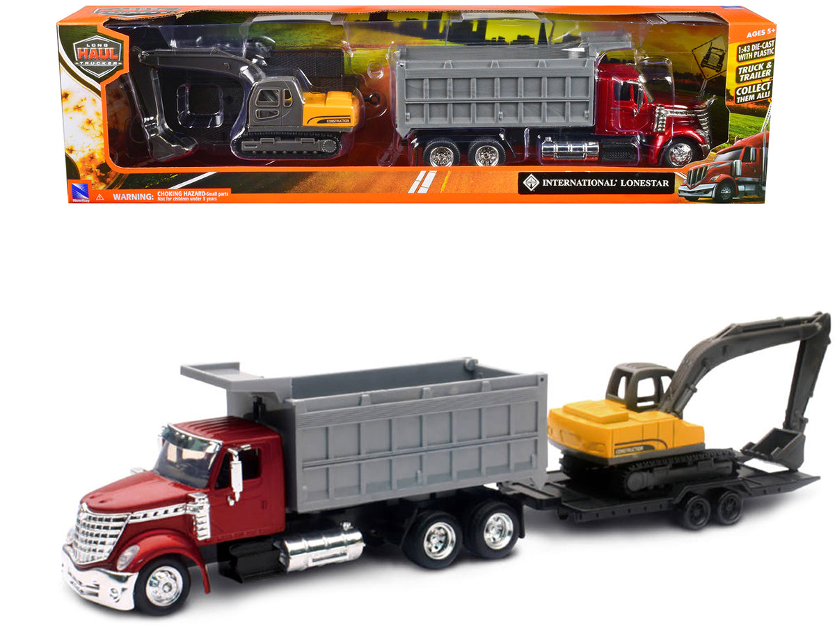 International Lonestar Dump Truck Red and Tracked Excavator Yellow with Flatbed Trailer 'Long Haul Truckers' Series 1/43 Diecast Model by New Ray