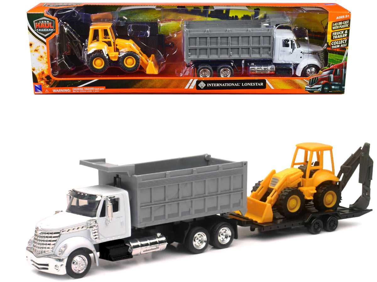 International Lonestar Dump Truck White and Wheel Loader Yellow with Flatbed Trailer 'Long Haul Truckers' Series 1/43 Diecast Model by New Ray